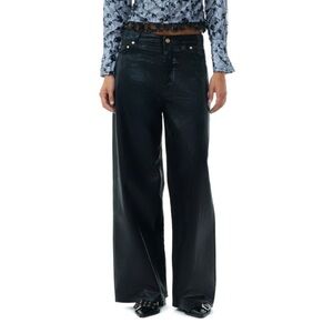 Ganni Black Foil Denim Wide Jeans